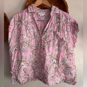 Cynthia Rowley Size Medium 100% Linen Cap Sleeve Blouse w/ Birds and Trees Print